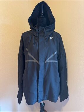 Adidas Black Hooded Raincoat with Reflective Stripes